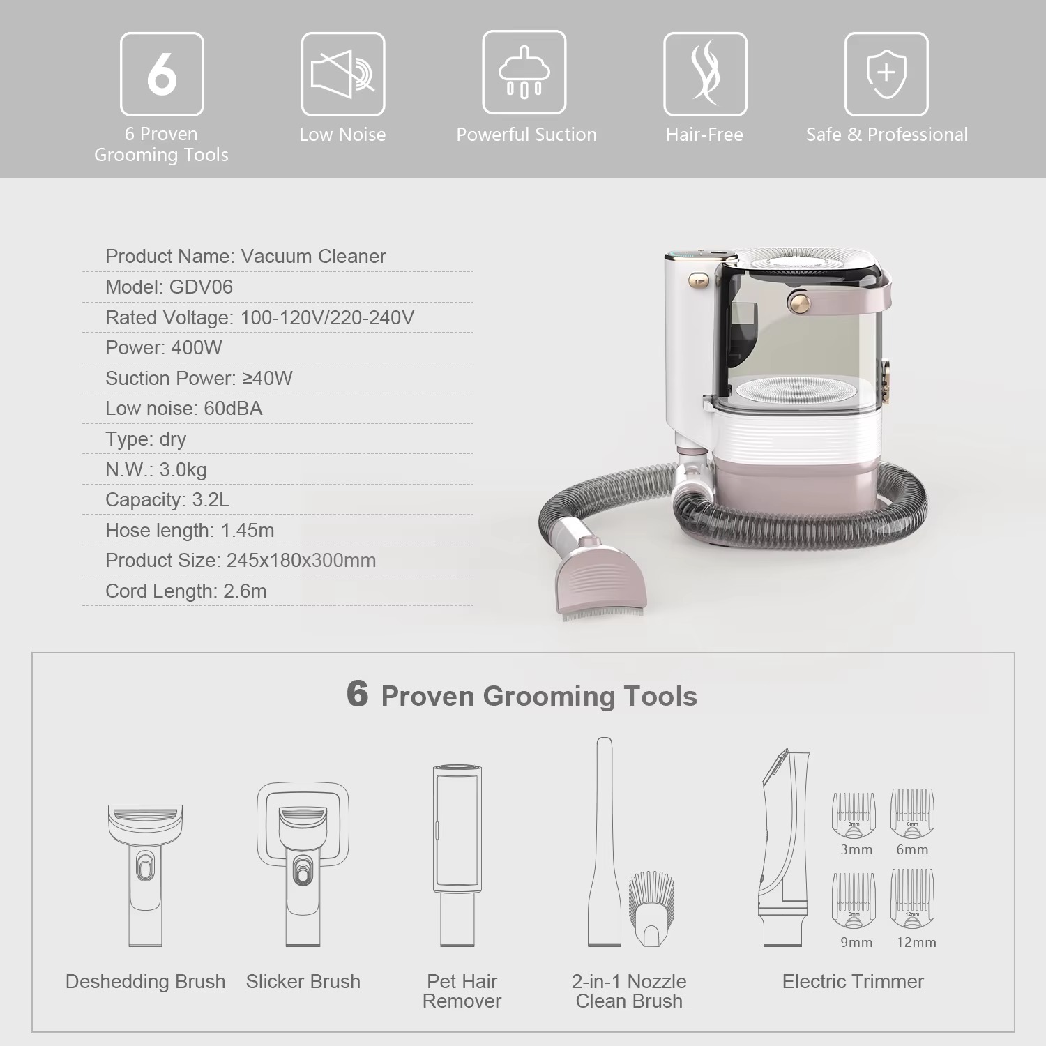 3.2L Large Capacity High Suction Power Pet Vacuum Cleaner Dog and Cat Hair Grooming Brush Kit