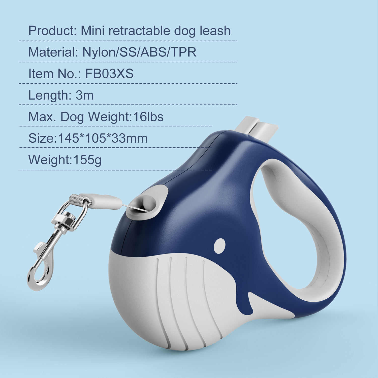 Custom Mini Whale Tangle Free Nylon Walking Pet Retractable Dog Leash/Lead for Small Dogs and Puppies