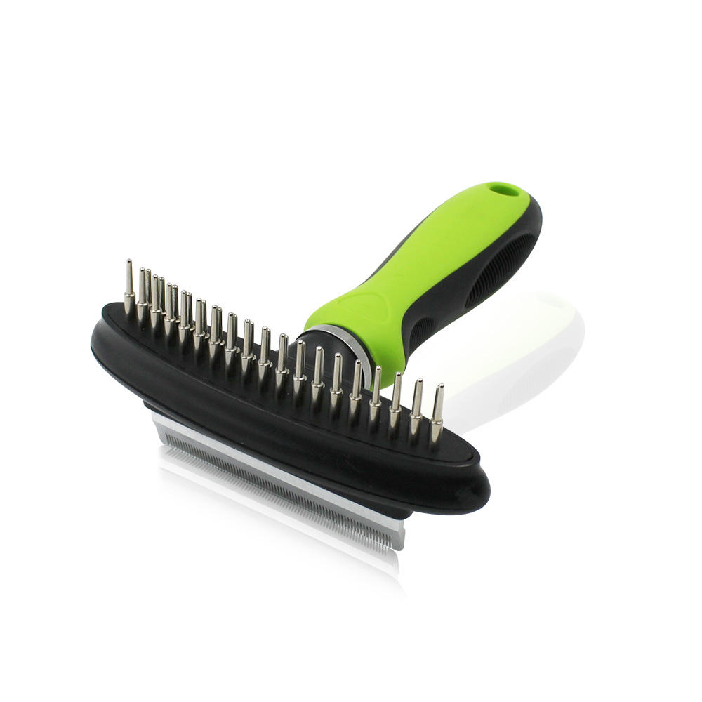 Elastic Head Double Row Rake and Deshedding Pet Hair Grooming Comb for Dog Cat